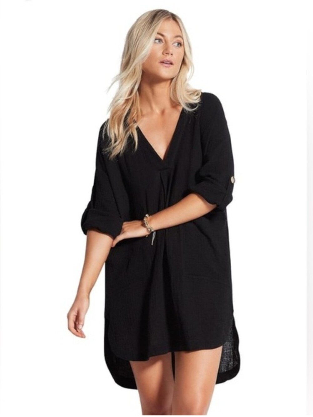 Seafolly Essential Muslin Cotton Gauze Swim Cover Up Black Resort Tunic Dress
